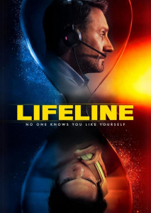 Lifeline (2025) ภาพยนตร์ไซไฟทริลเลอร์ แสดงชายใส่ชุดคอลเซ็นเตอร์ ฉากหลังแบ่งสองสี สื่อถึงความลึกลับและตึงเครียด