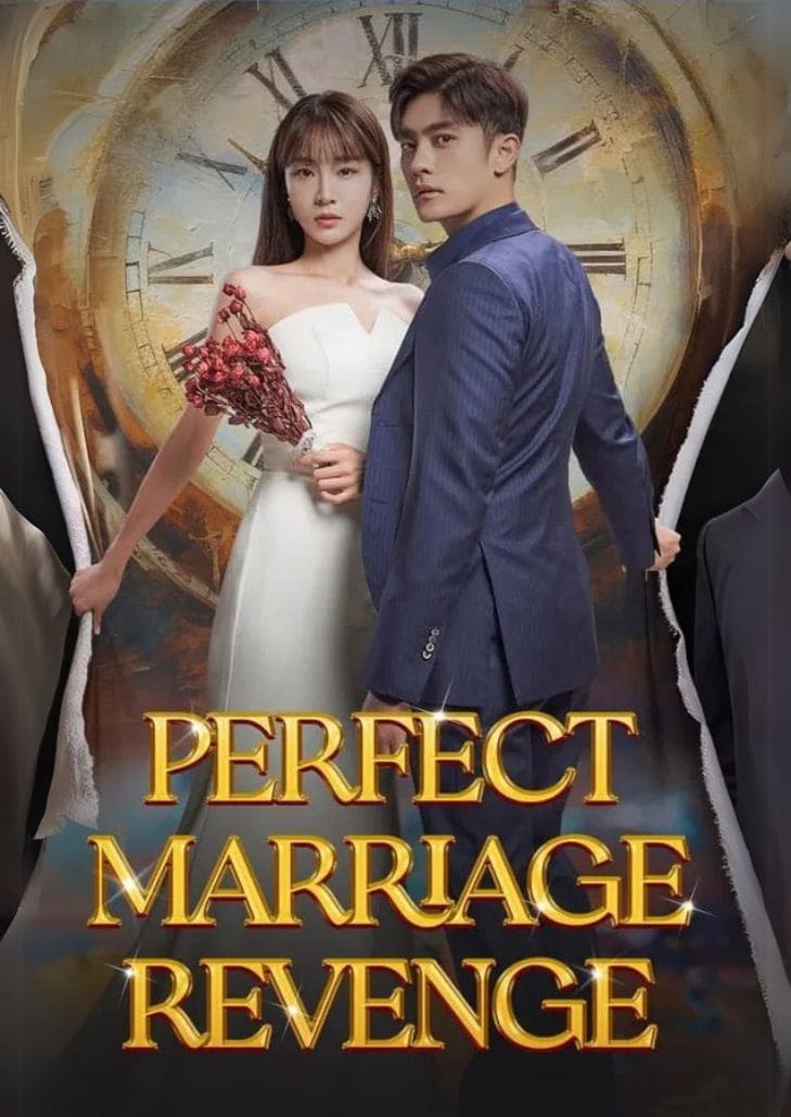 Perfect Marriage Revenge (2023) แสดงภาพหญิงสาวในชุดแต่งงานสีขาวถือช่อดอกไม้ยืนเคียงข้างชายหนุ่มในชุดสูทสีน้ำเงิน