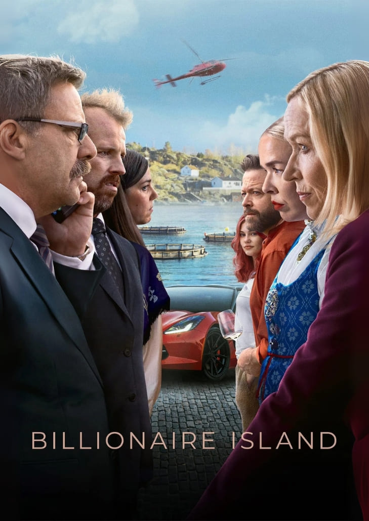 Billionaire Island (2024) เกาะหรูหราที่ตัดขาดจากโลกภายนอก รายล้อมด้วยทะเลสีครามและท้องฟ้าแดดแรง ด้านหน้ามีตึกสูงและสิ่งก่อสร้างทันสมัยบนเกาะ