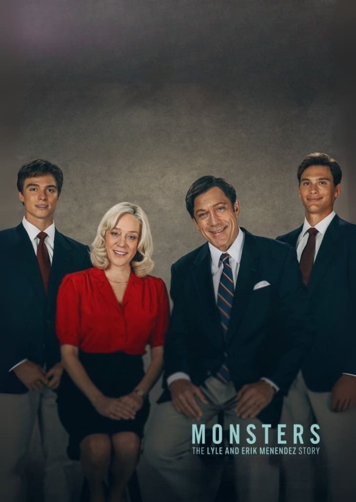 Monsters The Lyle and Erik Menendez Story (2024) สองพี่น้อง ไลล์ และ เอริค เมเนนเดซ นั่งอยู่เคียงกันภายใต้เงามืด สีหน้าเคร่งเครียดและเต็มไปด้วยความกดดัน ด้านหลังเป็นเงาร่างที่ชวนให้รู้สึกอึดอัด ชื่อเรื่องตัวอักษรสีขาวตัดกับพื้นหลังเข้ม ถ่ายทอดบรรยากาศอาชญ