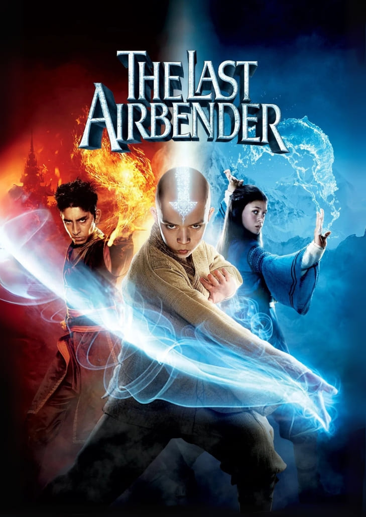 The Last Airbender (2010)  แอง เด็กชายหัวโล้นมีรอยสักลูกศรสีฟ้าบนศีรษะ กำลังอยู่ในท่าต่อสู้พร้อมควบคุมธาตุลม เบื้องหลังเป็นฉากพายุและธาตุทั้งสี่ ดิน น้ำ ลม ไฟ สื่อถึงพลังแห่งการดัดธาตุของเขา