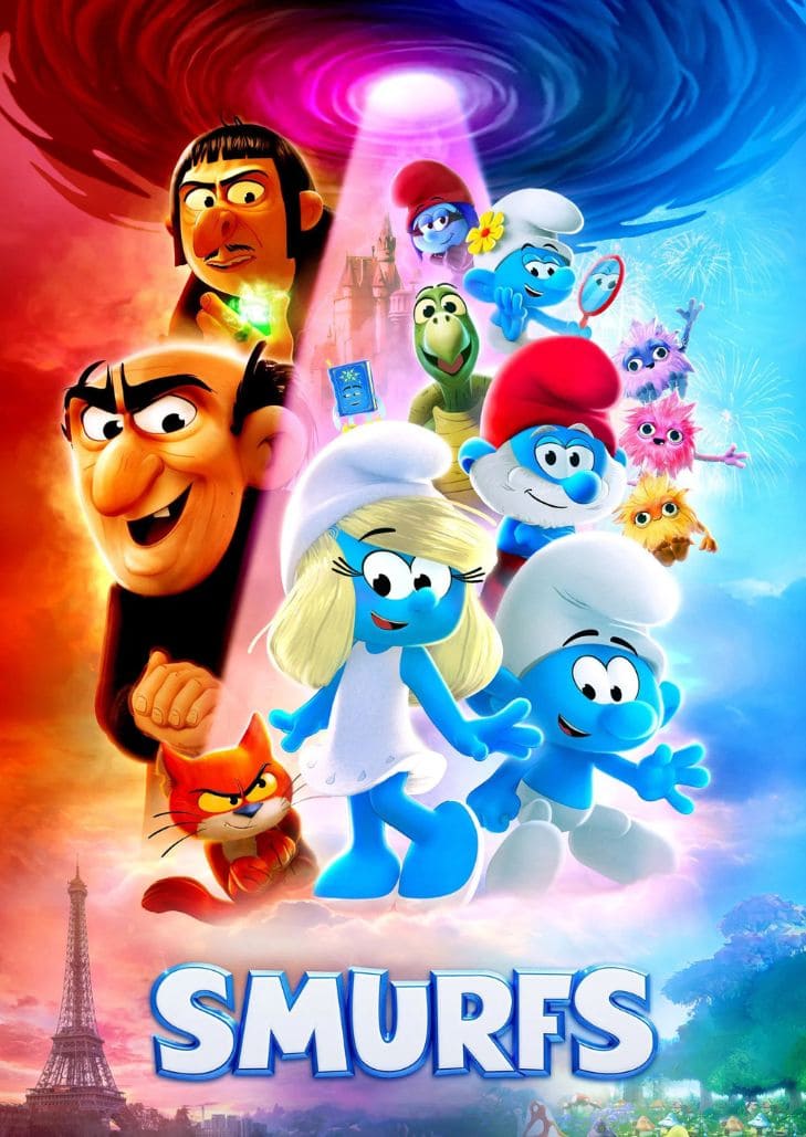 Smurfs (2025) สเมิร์ฟ แสดงเหล่าสเมิร์ฟตัวจิ๋วสีน้ำเงินออกผจญภัยในโลกมนุษย์เพื่อช่วยปาปาสเมิร์ฟจากพ่อมดการ์กาเมล